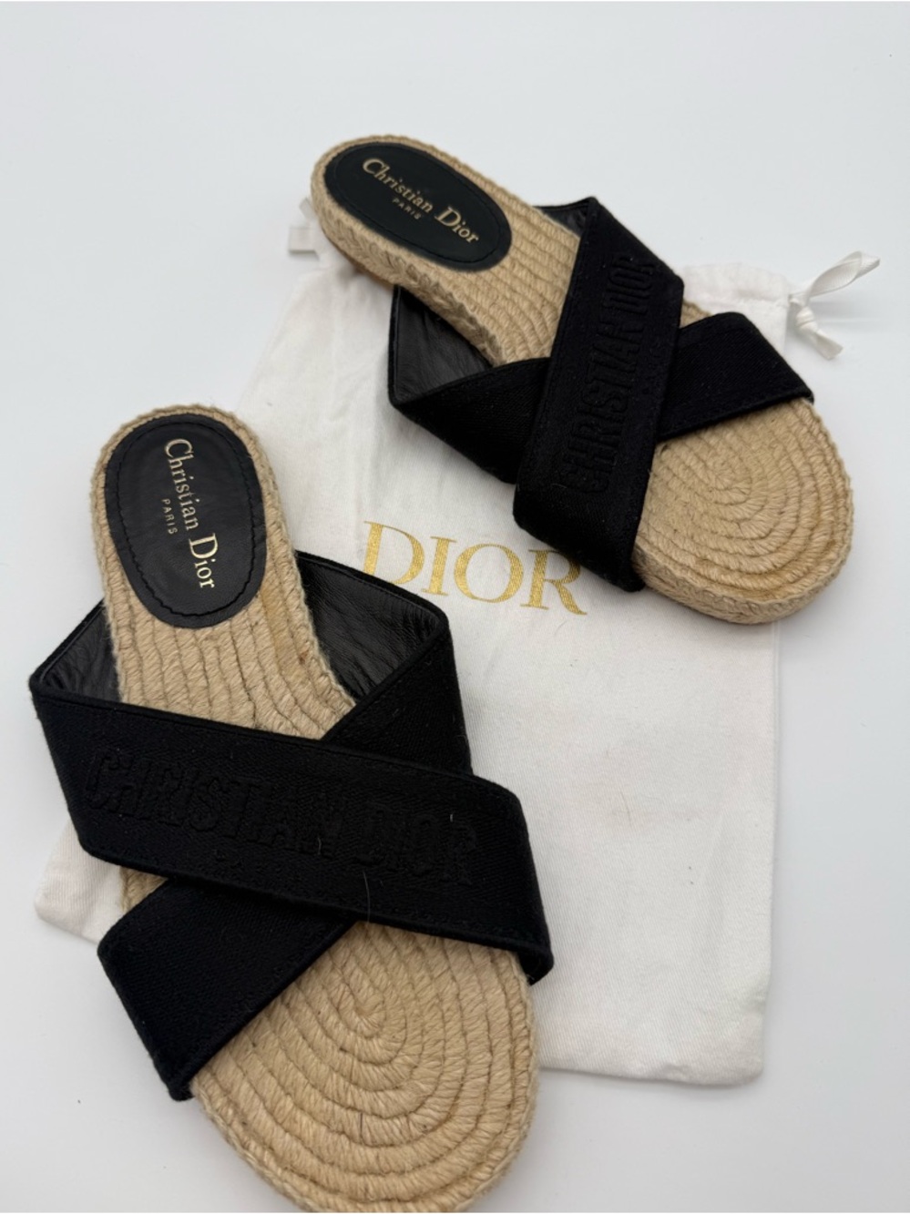 Christian Dior Dway Black Canvas Crossover Espadrille Slide Sandals Size 40